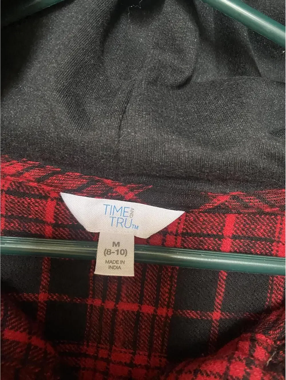 Time and Tru Women's Red and Black Plaid Hooded Shirt, Med